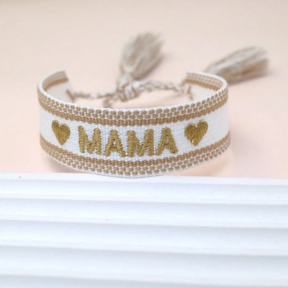 1pc Embroidered Mama Heart Design Bohemian Tassel Woven Bracelet